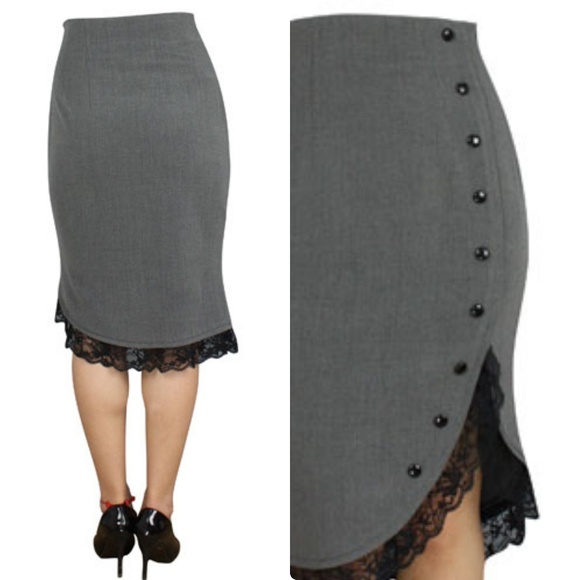 Whimsigoth 90s Plus Size Lace Edge Pencil Skirt - Picture 3 of 4